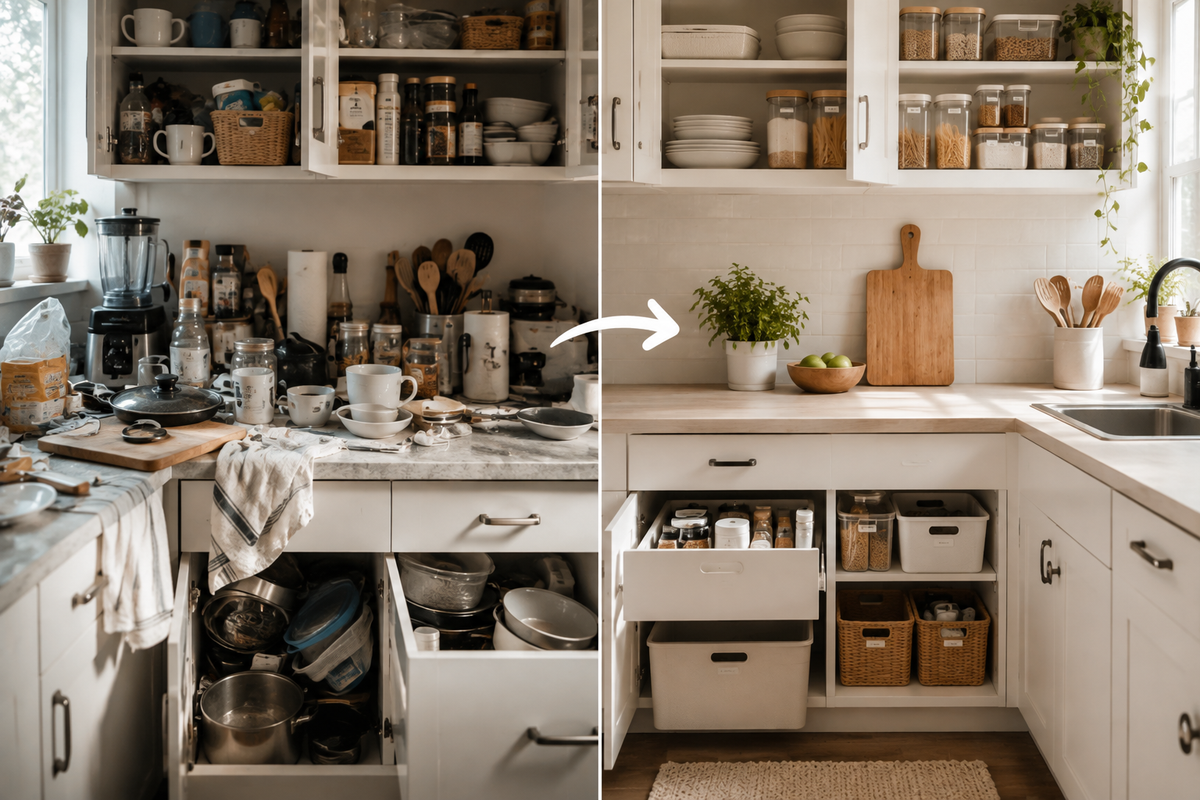 Before and after comparison of a cluttered and organized kitchen with practical kitchen storage and organization ideas