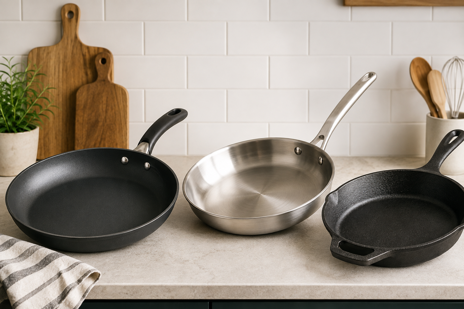 Non-stick, stainless steel, and cast iron frying pans displayed on a clean kitchen countertop for a cookware comparison.