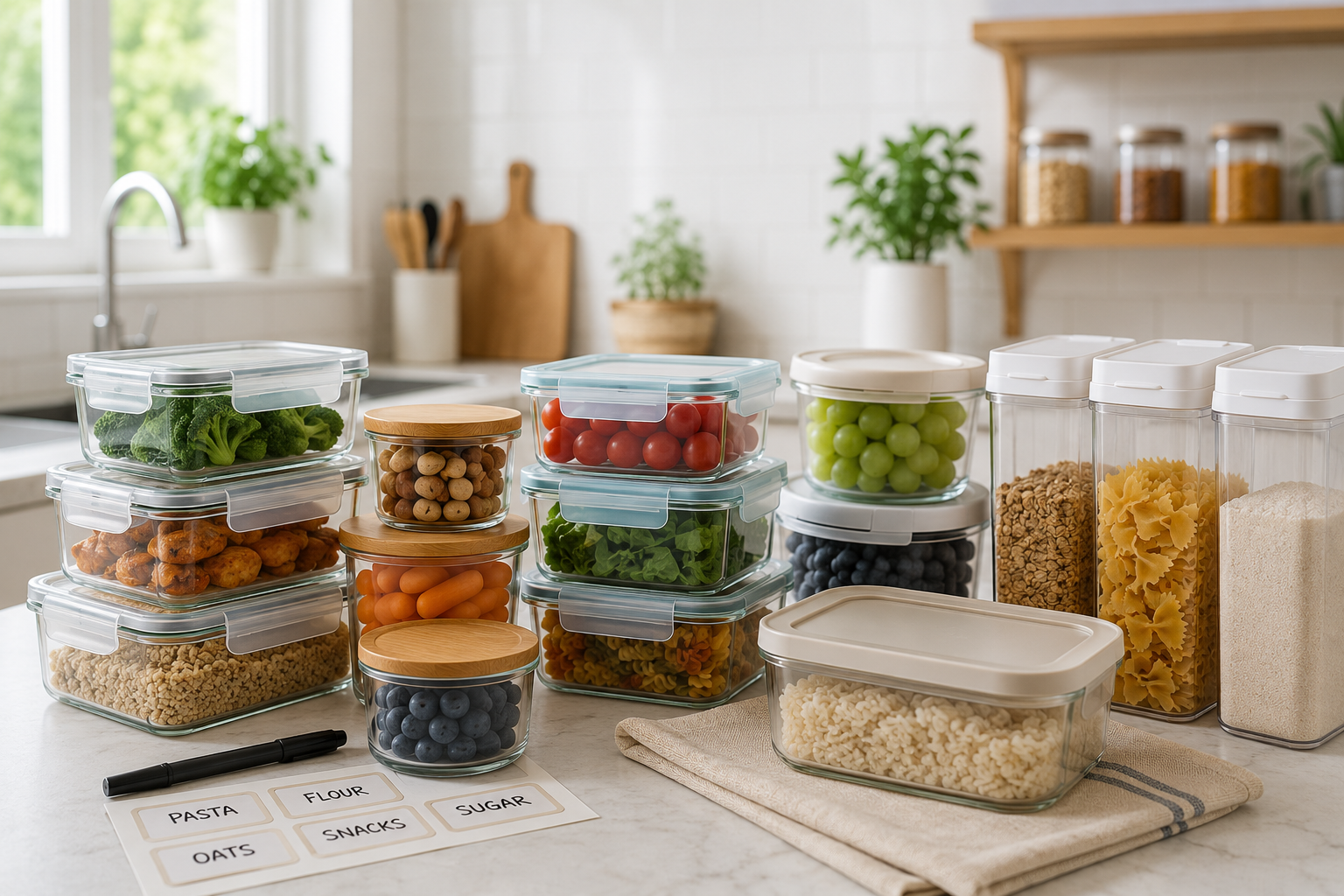 Modern kitchen with neatly organized glass and airtight food storage containers on pantry shelves and countertops.