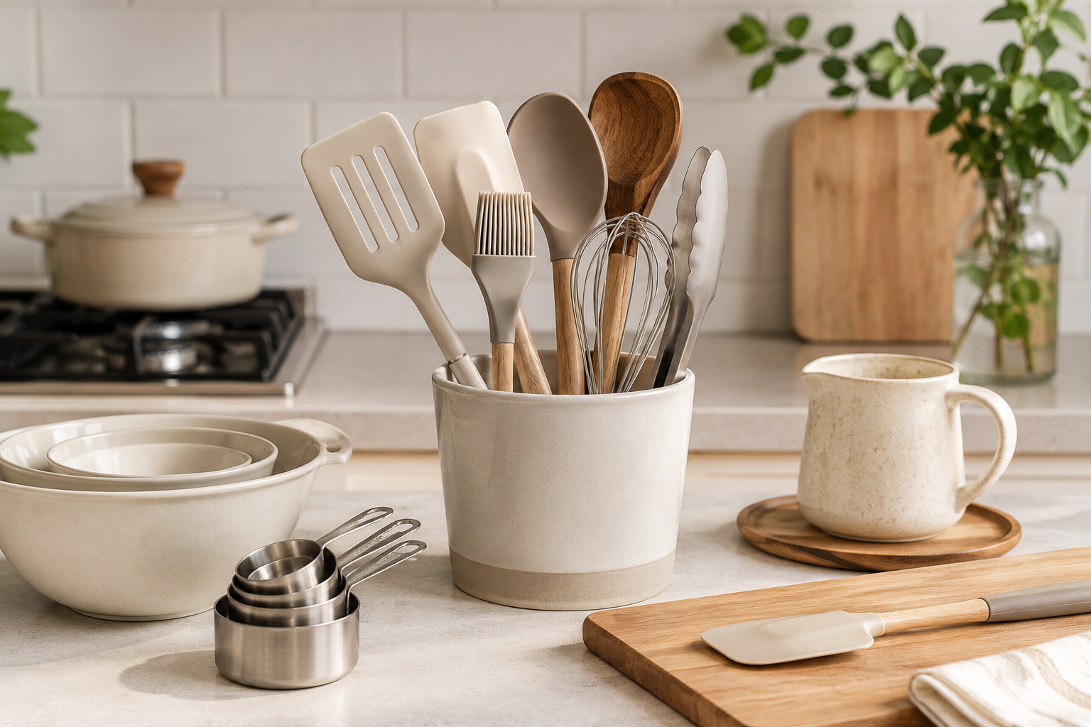 Kitchen utensils including silicone spatulas, wooden spoons, stainless steel tongs, and whisk for everyday cooking