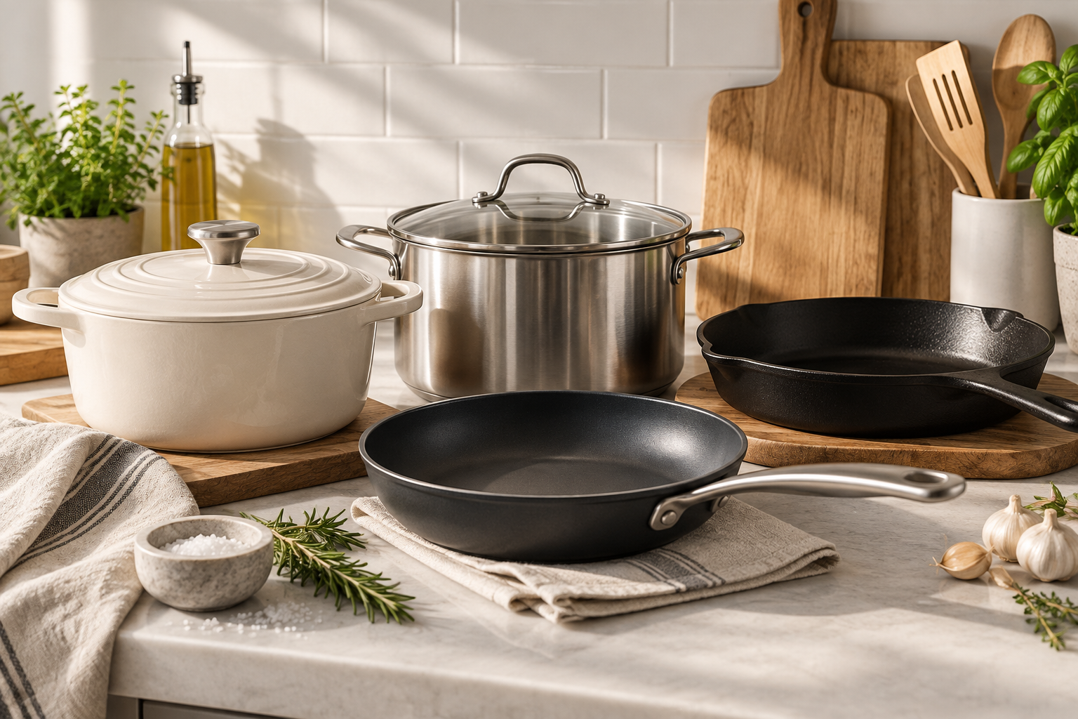 Different types of cookware including non-stick pans, stainless steel pots, cast iron cookware, and ceramic cookware arranged in a modern kitchen.