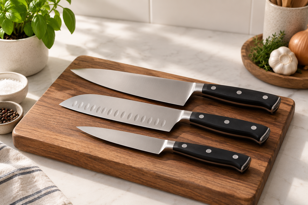 Three essential kitchen knives including a chef knife, Santoku knife, and utility knife arranged on a wooden cutting board in a modern kitchen.
