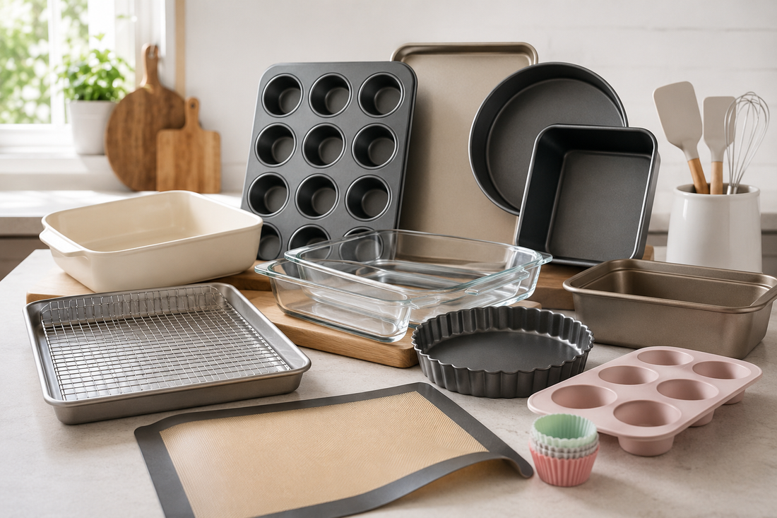 A variety of bakeware including baking sheets, cake pans, muffin tins, glass baking dishes, silicone molds, and essential baking tools arranged in a modern kitchen.