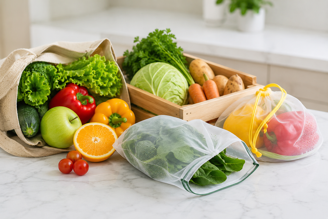 Fresh fruits and vegetables stored in reusable produce bags and a wooden crate on a modern kitchen countertop to promote proper food storage and longer-lasting freshness.