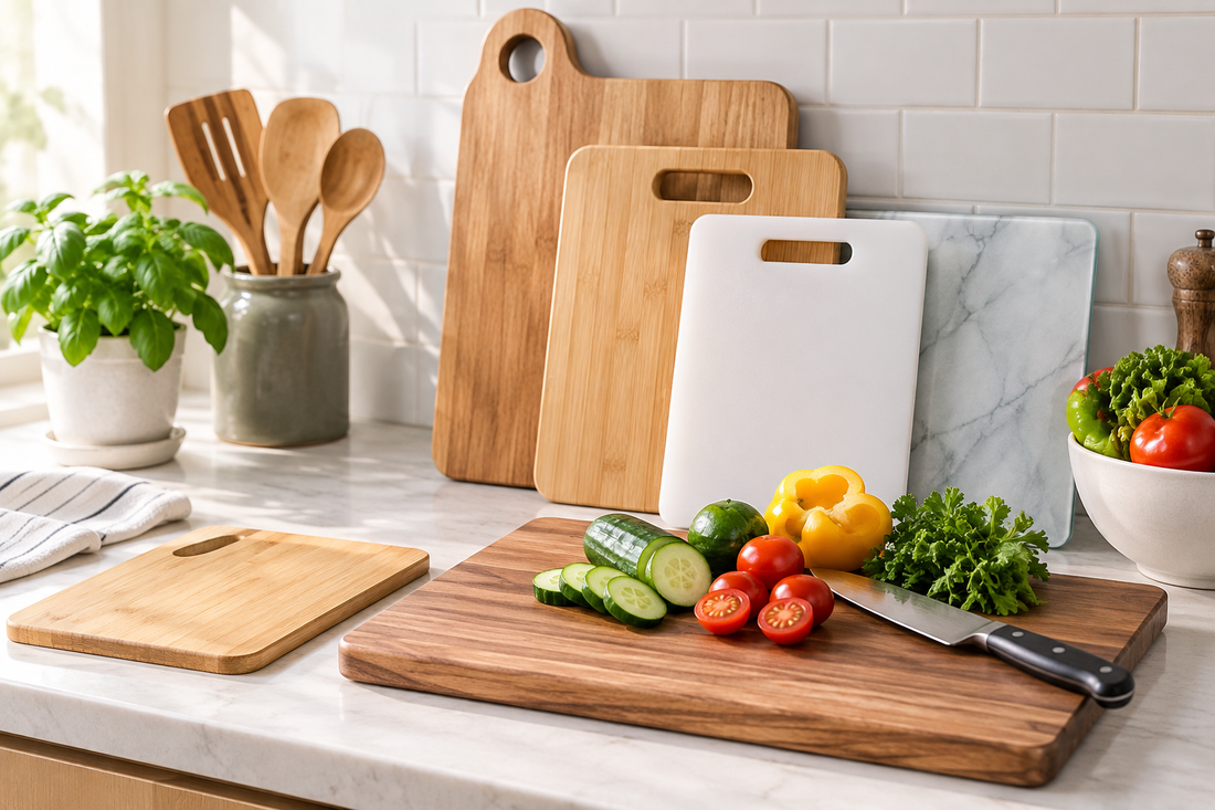 Different cutting boards in a modern kitchen for choosing the right cutting board size and material