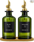Olive Oil Dispenser Set, 2 x 11.8oz Deep Green Glass Bottles by Gelury