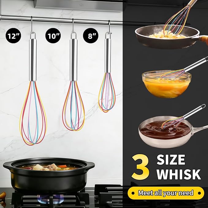 Silicone Whisk Set, Stainless Steel Handle Whisk 8" 10" 12" Rubber Whisks - Image 7