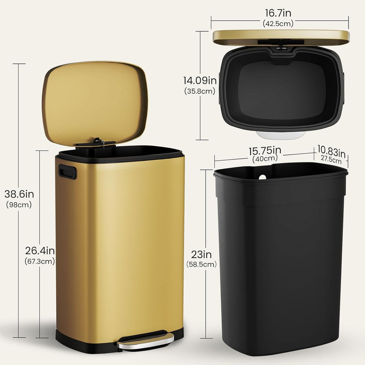 Kitchen Trash Can with Lid 13 Gal Stainless Steel Pedal Garbage Can