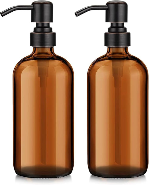 AmazerBath Amber Glass Soap Dispensers, 2 Glass Amber Pump Bottles, 17 Oz Dish by AmazerBath