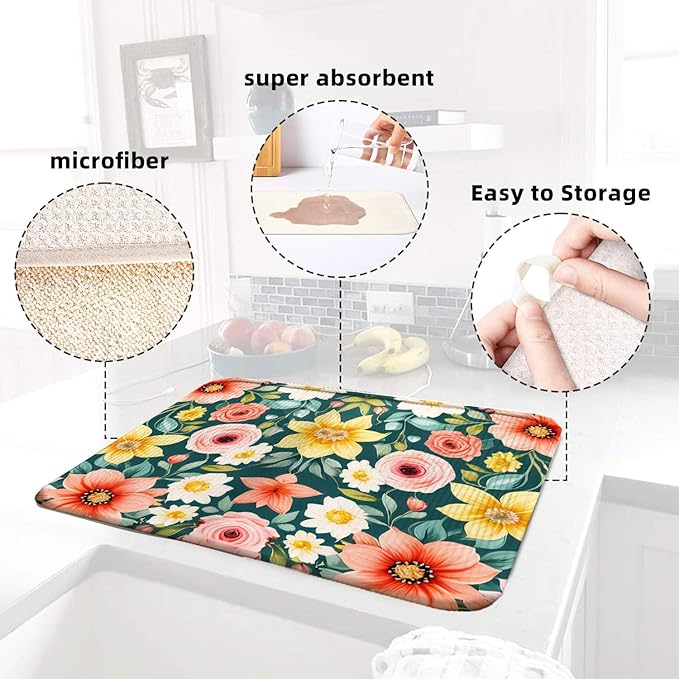 Large Blue Floral Spring Dish Drying Mat - Image 6