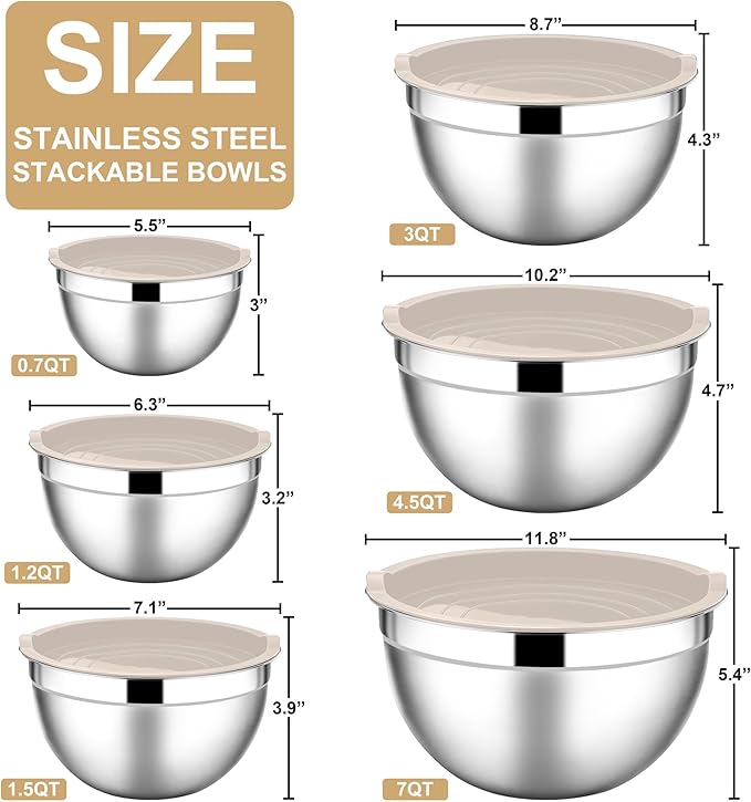 E-far Mixing Bowls with Lids, 12-Piece Stainless Steel Salad Bowls Metal - Image 2