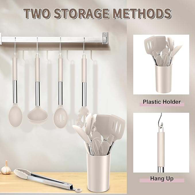 E-far Silicone Cooking Utensils Set, 14-Piece Khaki Kitchen Utensils Set - Image 6