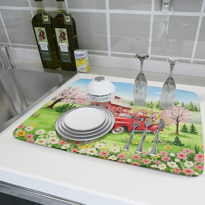 Spring Dish Drying Mat for Kitchen Counter Red Truck Flowers Microfiber - Image 6