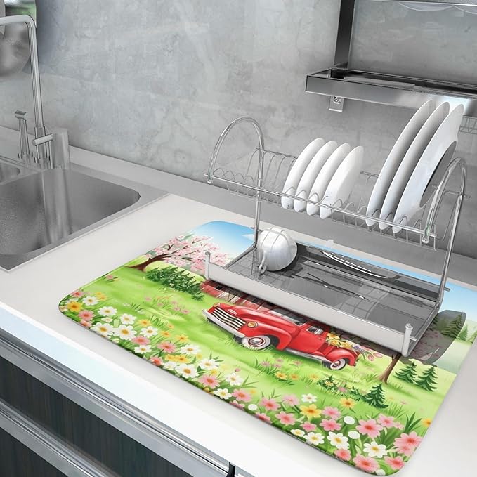 Spring Dish Drying Mat for Kitchen Counter Red Truck Flowers Microfiber - Image 5