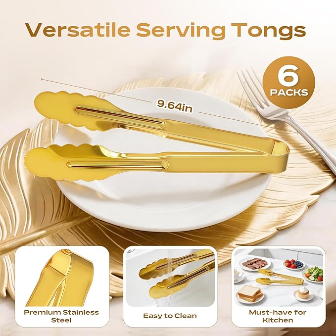 6 Pack Stainless Steel Serving Tongs, 9 Inch Gold Salad Tongs Serving Utensils - Image 2