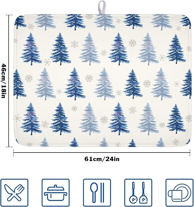 Winter Dish Drying Mat 18 x 24 Inch Blue Tree Dish Drying Pad Absorbent - Image 2