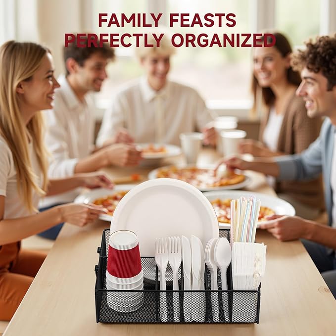 Utensil Caddy with Handle, Metal Paper Plate Holder - Image 3