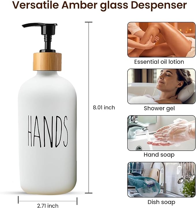 Sunrise Premium 16 OZ Thick White & Black Glass Soap Dispenser, Bamboo Pump - Image 3