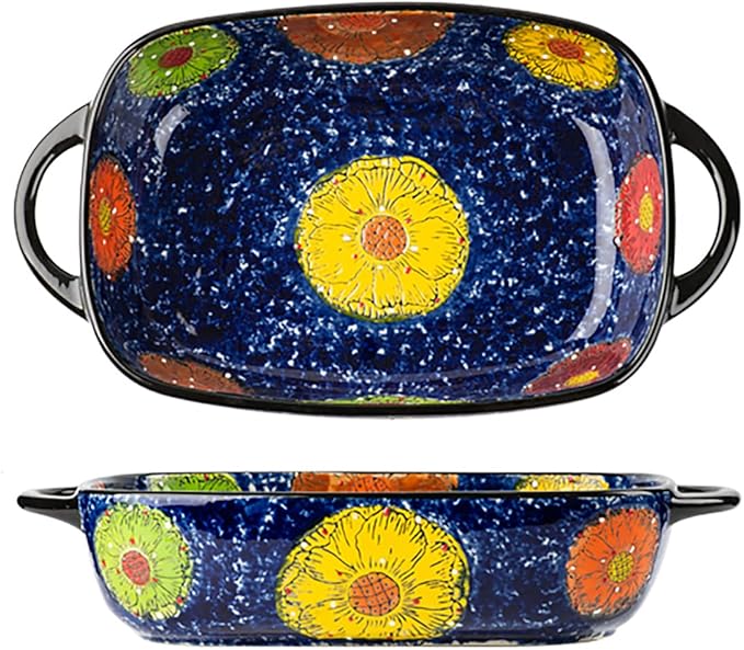Vintage Style Pottery Bakeware Colorful Daisy Pattern Ceramic Casserole Dish by Bicuzat