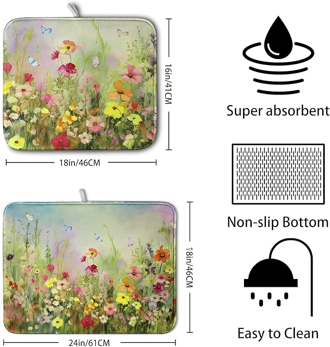 Spring Floral Dish Drying Mat for Kitchen Counter 16x18 Inch Sage Green Wild - Image 2