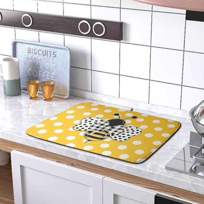 Bee Dish Drying Mat for Kitchen Counter 16x18 Inch Yellow Honey Bees Polka Dots - Image 5