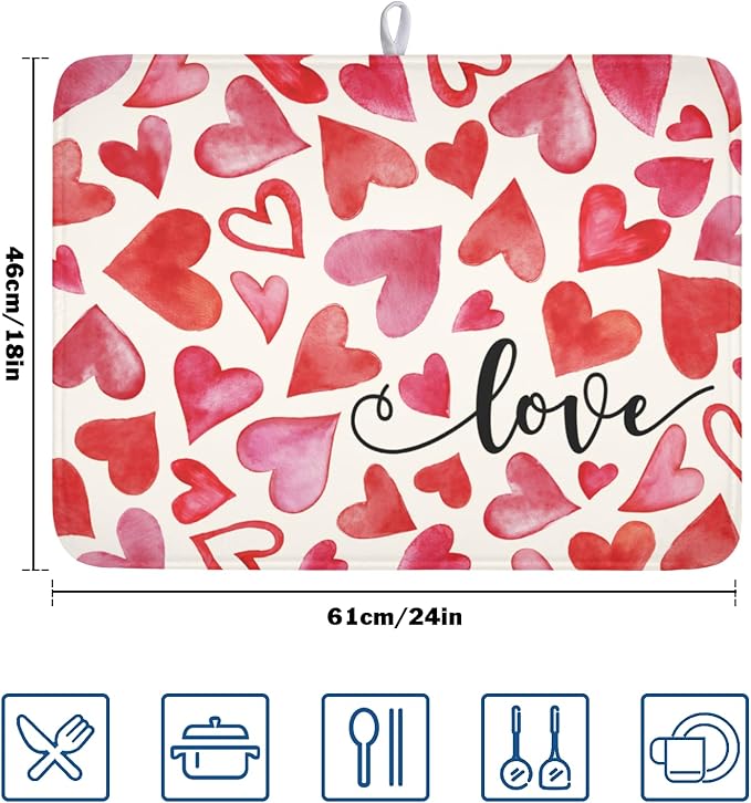 Valentine's Day Dish Drying Mat 18 x 24 Inch Heart Shaped Dish Drying Pad - Image 2