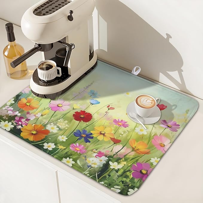 Spring Summer Daisy Dish Drying Mat 16 x 18 Inch Colourful Floral Pattern Dish - Image 7