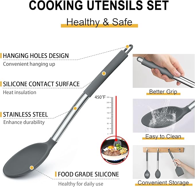 Silicone Cooking Utensils Set, E-far 14-Piece Gray Kitchen Utensils Set - Image 3