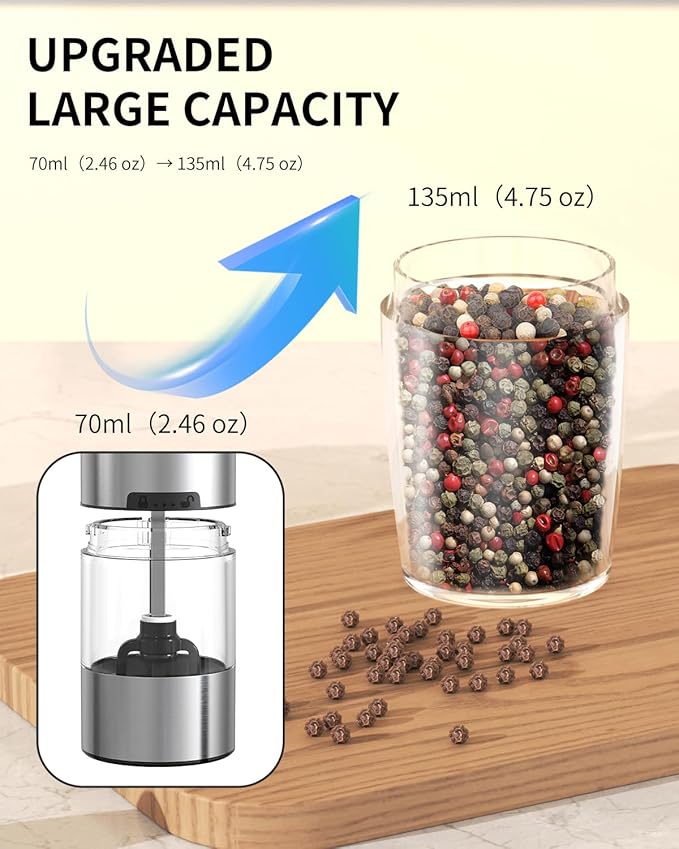 CIRCLE JOY Rechargeable Gravity Electric Salt and Pepper Grinder Set, Stainless - Image 6