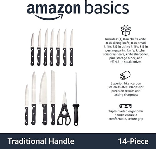 Amazon Basics 14-Piece High Carbon Stainless Steel Kitchen Knife Set - Image 2