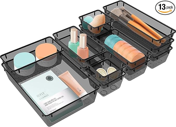 StorMiracle 13 PCS Clear Plastic Drawer Organizers Set, 4 Size Desk Drawer by StorMiracle