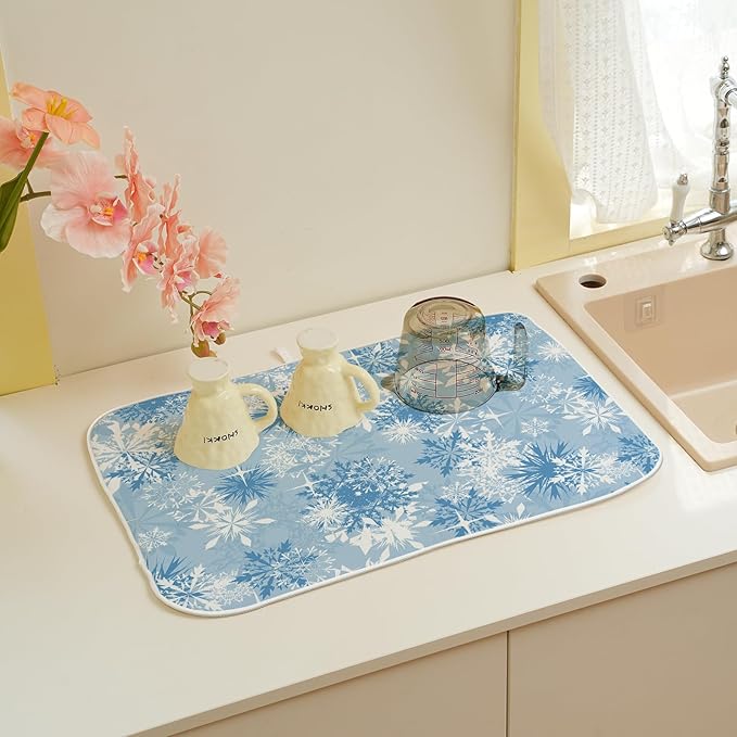 Christmas Dish Drying Mat 18x24 Inch Blue White Snowflake Winter Drying Mat - Image 6