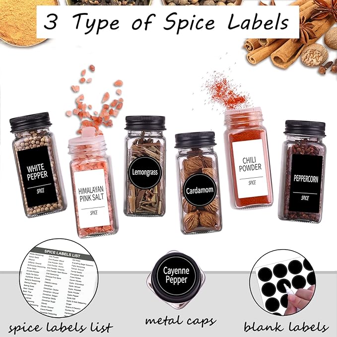 Churboro 25 Spice Jars with 547 Labels- Glass Spice Jars with Black Metal Caps - Image 2