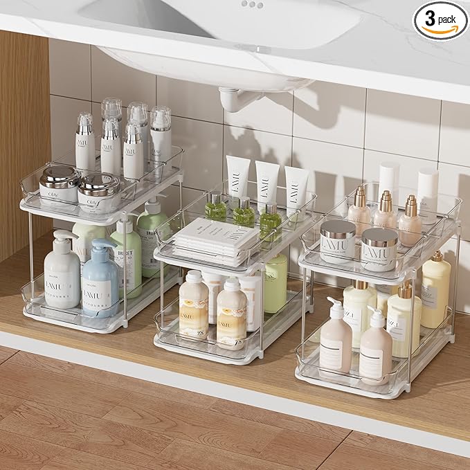 Delamu 3 Pack 2-Tier Bathroom Under Sink Organizers and Storage, Pull Out Clear by DELAMU