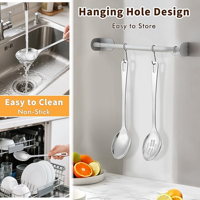 2 Pcs Stainless Steel Cooking Spoons Set, Solid & Slotted Metal Serving Spoons - Image 5