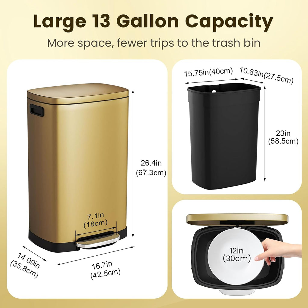 Kitchen Trash Can with Lid 13 Gal Stainless Steel Pedal Garbage Can