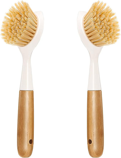 2 Pack Kitchen Dish Brush Bamboo Handle Dish Scrubber Built-in Scraper by Songtaste