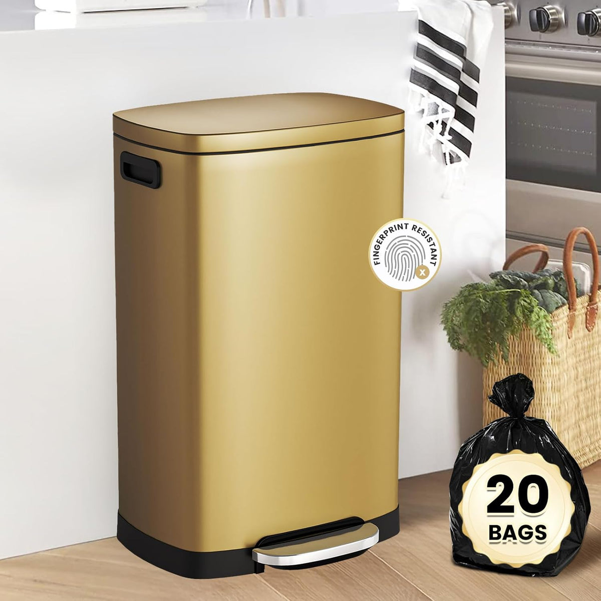 Kitchen Trash Can with Lid 13 Gal Stainless Steel Pedal Garbage Can