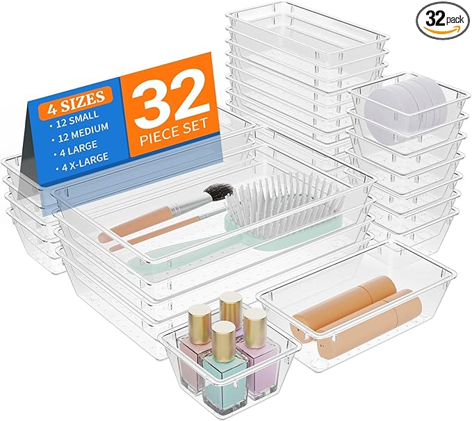 StorMiracle 32 PCS Clear Plastic Drawer Organizer Set, 4-Size vanity organizer by StorMiracle