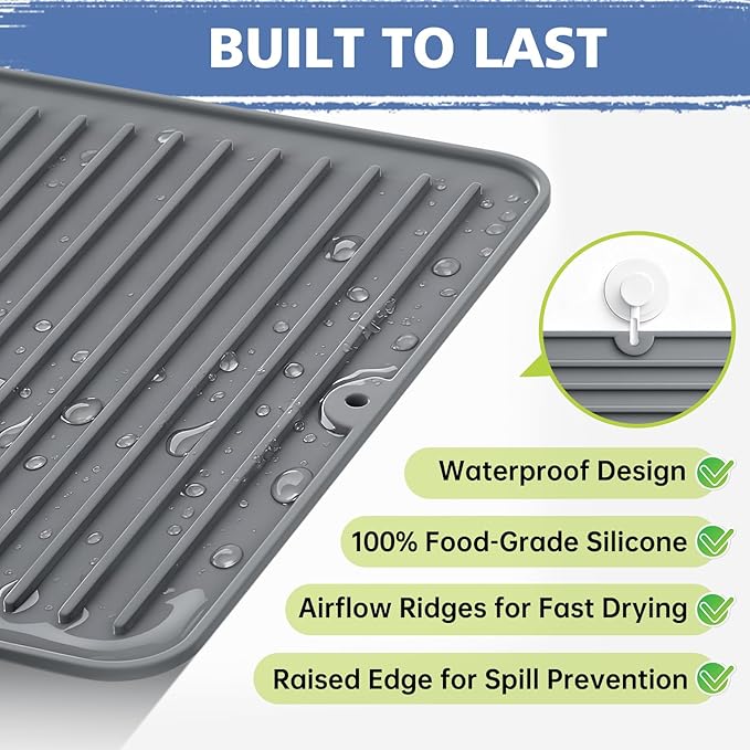 Songrey 16" x 12" Silicone Dish Drying Mat, Kitchen Counter Drying Pad - Image 2