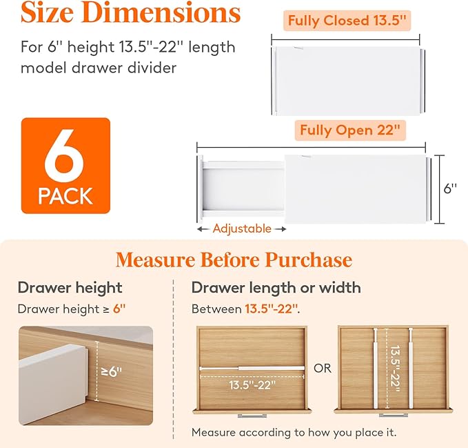 Lifewit 6 Pack 6" High Drawer Dividers 34-56cm/13.5-22" Adjustable Drawer - Image 2