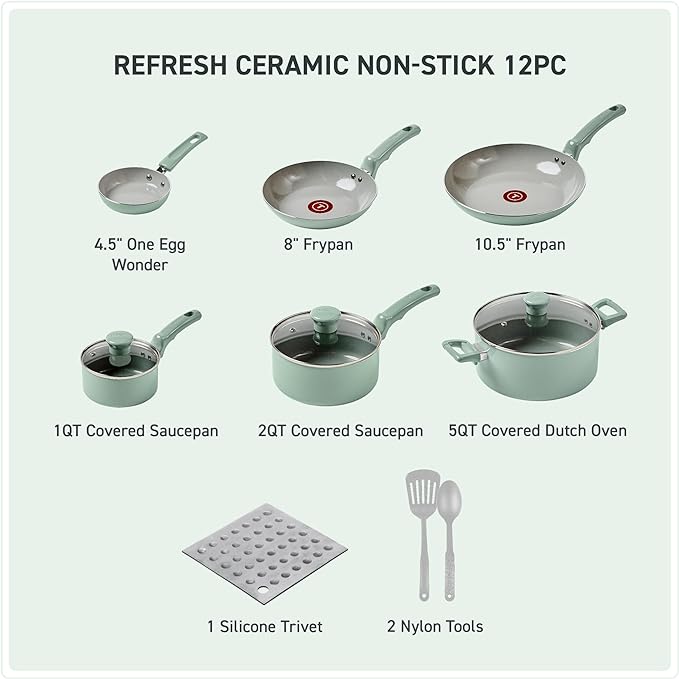 T-Fal Refresh Ceramic Nonstick Cookware Set, Oven Safe Up to 350ºF, Includes - Image 2