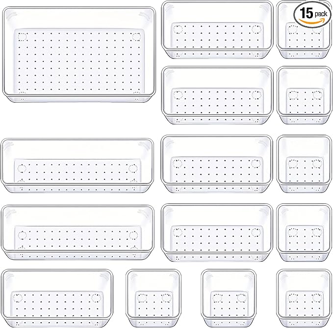 Manalete Drawer Organizers Set of 15, 4 Sizes Clear Plastic Drawer Organizers by Manelete