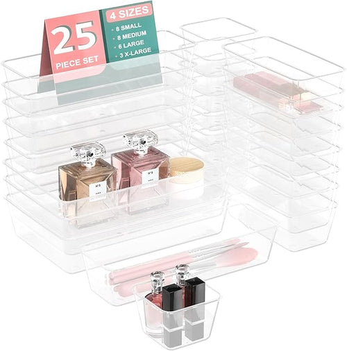 25 PCS Plastic Drawer Organizer Set, 4-size Clear Bathroom and Vanity Desk by Lulltou