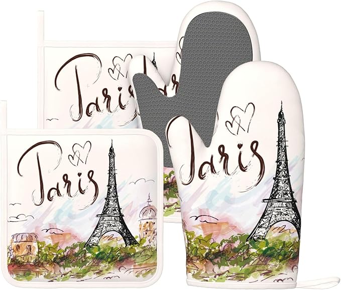 Pretty Romantic Paris Eiffel Tower Oven Mitts and Pot Holders Sets of 4 by Echoserein