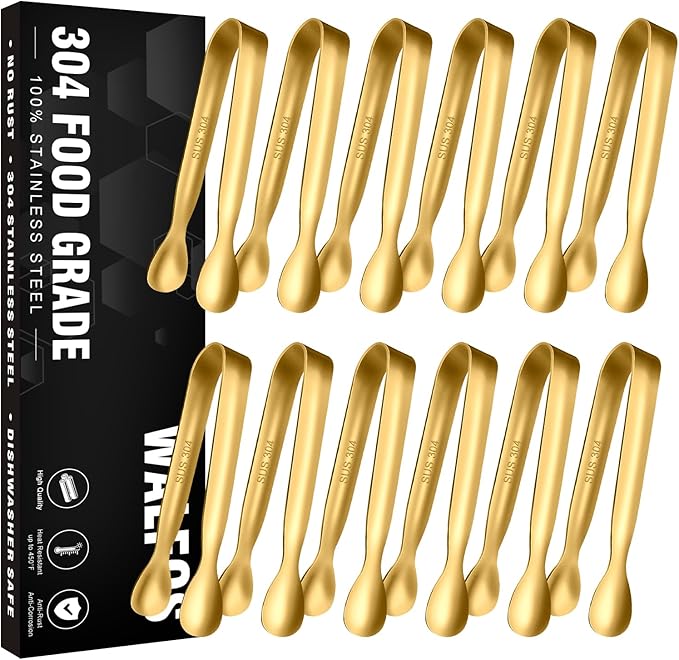 Walfos Small Gold Tongs For Serving, Food Grade Stainless Steel 4" Mini Tongs by Walfos