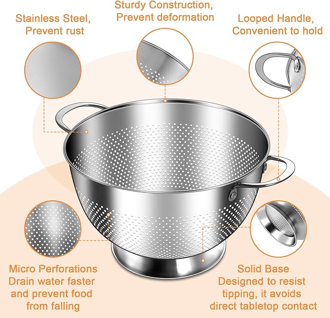 Stainless Steel Colander Set of 3 | Durable Rice and Pasta Strainer - Image 3