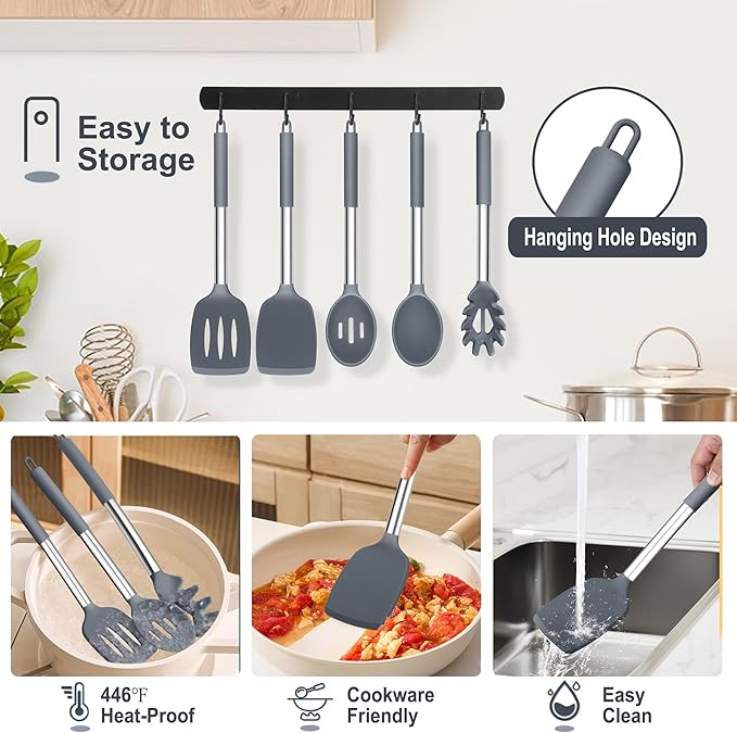 TeamFar Silicone Cooking Utensils Set, Turner/Spoon/Pasta Server - Image 6