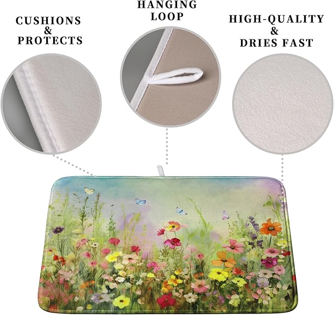 Spring Floral Dish Drying Mat for Kitchen Counter 16x18 Inch Sage Green Wild - Image 3