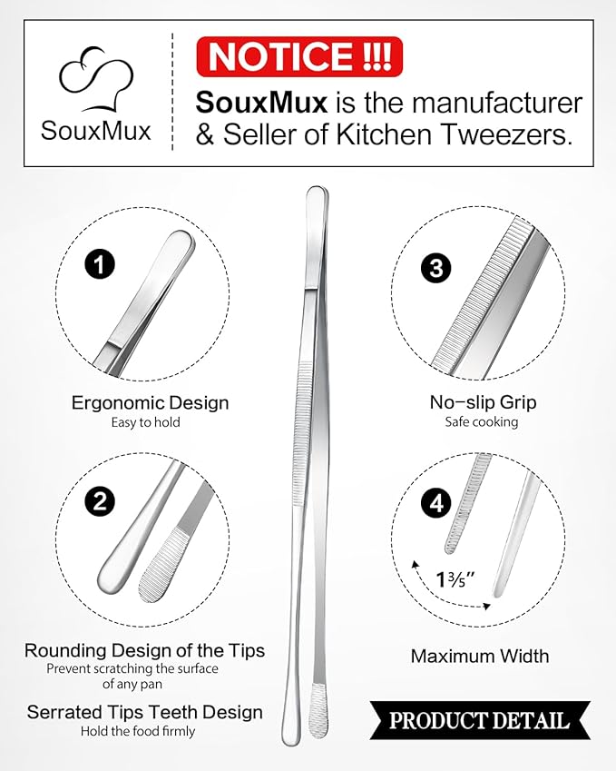 2 Pcs 12-inch Cooking Tweezers Tongs Precision Serrated Tips, Stainless Steel - Image 2